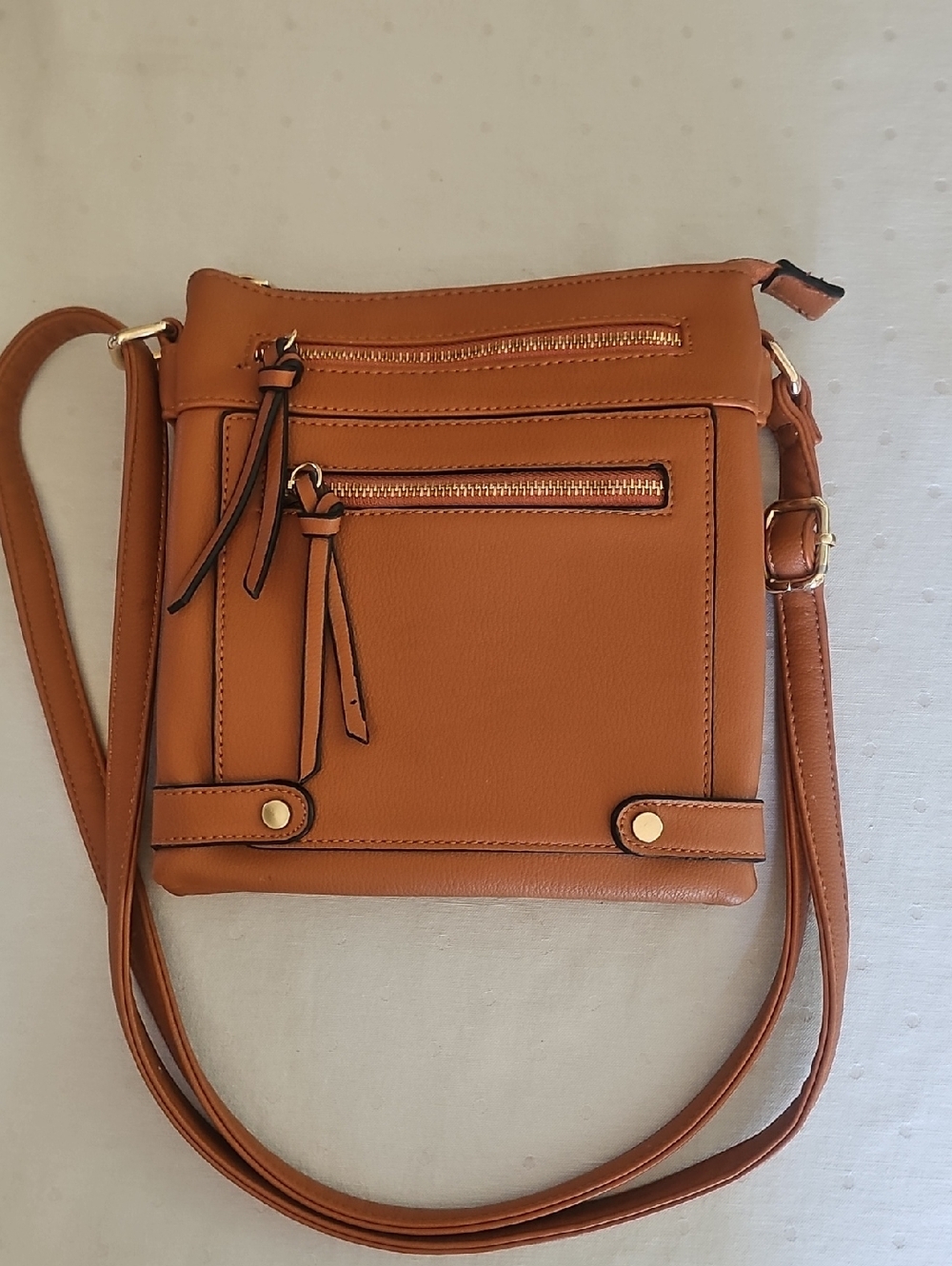 Classic Tan Crossbody Bag with Front Zippers